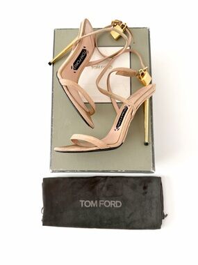 TOM FORD || Padlock Kid Suede High Heel Sandals Nude Beige Gold Hardware EU 37.5